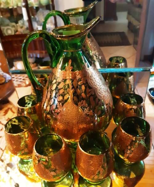 Beautiful green and gold glass Jug with six small glasses