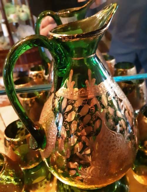 Beautiful green and gold glass Jug with six small glasses
