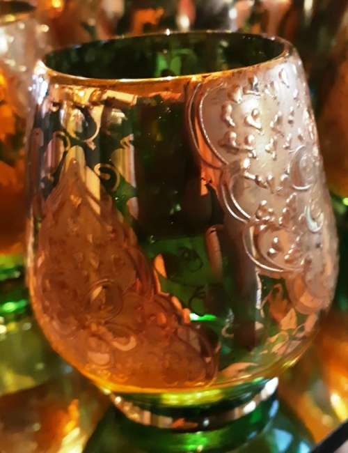 Beautiful green and gold glass Jug with six small glasses