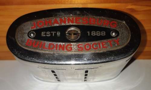 Rare antique Johannesburg Building Society metal savings box