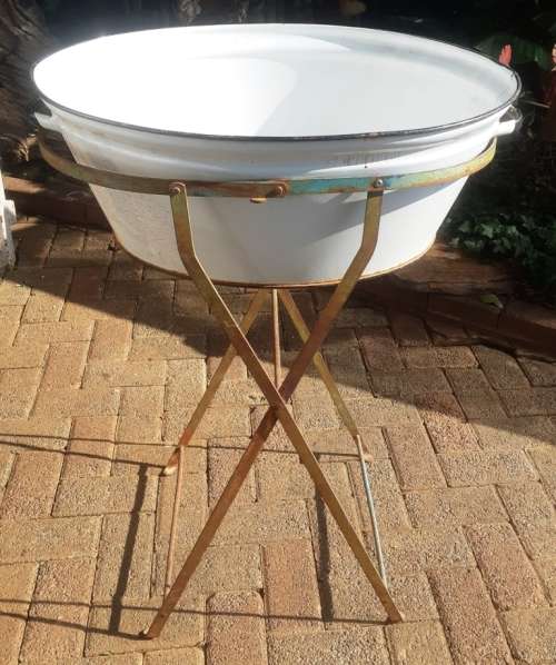 Vintage big quality white enamel bath with ears/black trimming with folding metal stand