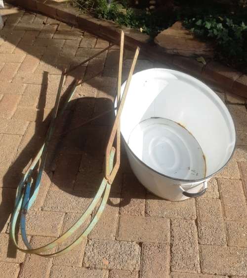 Vintage big quality white enamel bath with ears/black trimming with folding metal stand