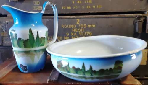 Beautiful 2 Piece vintage  Blue and green forest scene  Enamel  Set with pitcher and basin