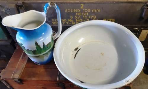Beautiful 2 Piece vintage  Blue and green forest scene  Enamel  Set with pitcher and basin