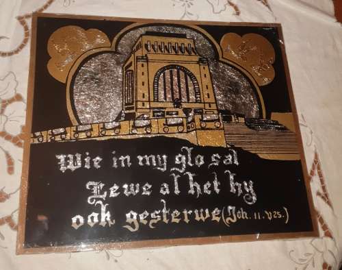 Vintage foil paper picture of "Voortekker Monument-with Bible verse" on bord with glass picture
