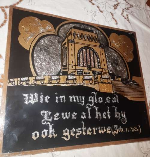 Vintage foil paper picture of "Voortekker Monument-with Bible verse" on bord with glass picture