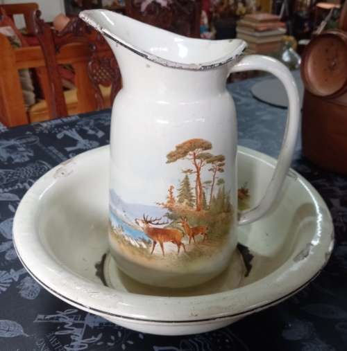Beautiful good quality 2 piece antique enamel pitcher and basin set-Good condition-no holes