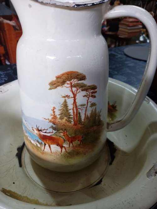 Beautiful good quality 2 piece antique enamel pitcher and basin set-Good condition-no holes