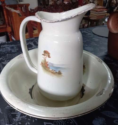 Beautiful good quality 2 piece antique enamel pitcher and basin set-Good condition-no holes