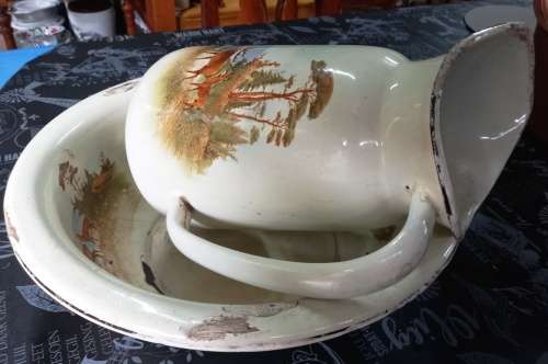 Beautiful good quality 2 piece antique enamel pitcher and basin set-Good condition-no holes