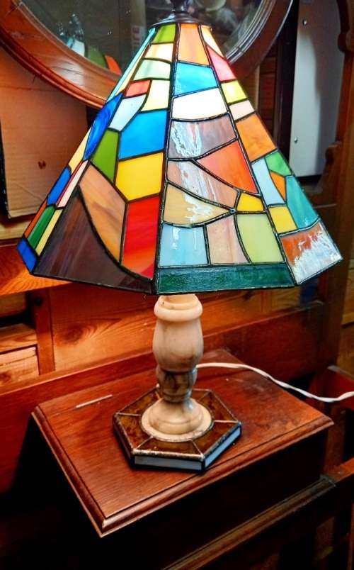 Beautiful vintage handmade  Marble and lead glass table lamp-H 50 cm-shade w-30 cm-working