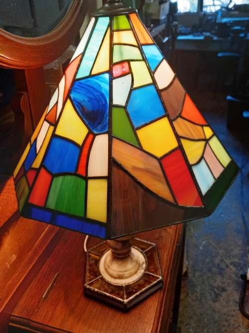 Beautiful vintage handmade  Marble and lead glass table lamp-H 50 cm-shade w-30 cm-working