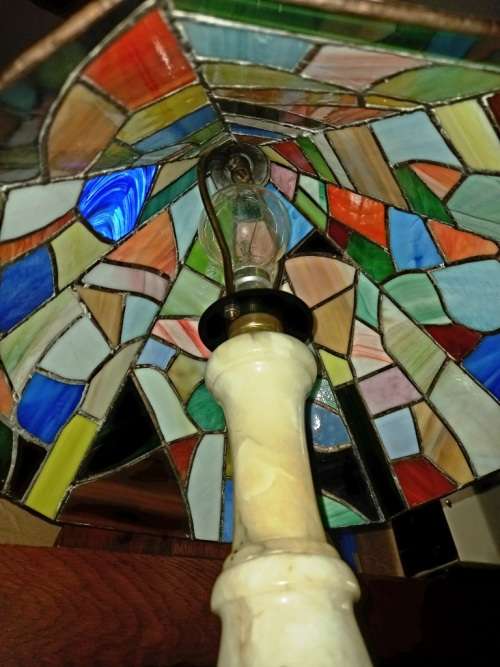 Beautiful vintage handmade  Marble and lead glass table lamp-H 50 cm-shade w-30 cm-working