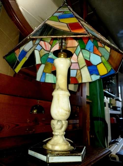 Beautiful vintage handmade  Marble and lead glass table lamp-H 50 cm-shade w-30 cm-working