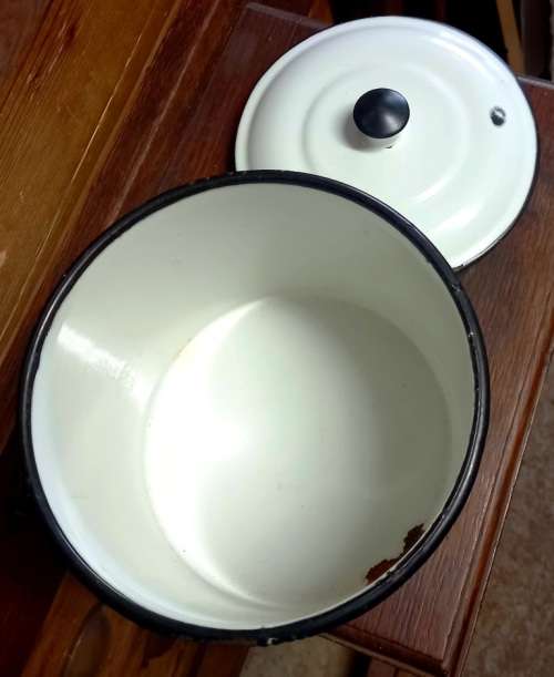 Vintage white Enamel Salt  Container with lid in good condition