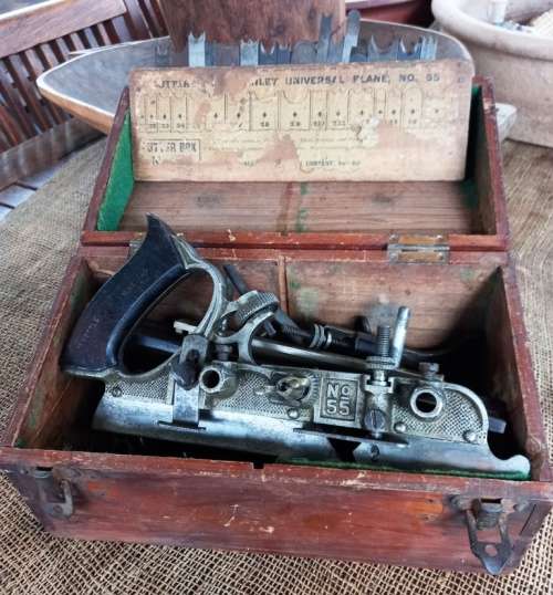 Vintage Stanley No 55 Combination Plane with a set of cutters in original wooden box