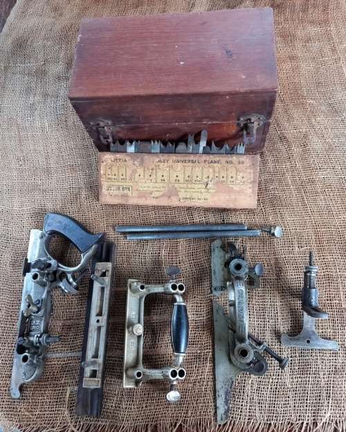 Vintage Stanley No 55 Combination Plane with a set of cutters in original wooden box