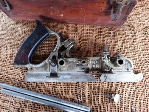 Vintage Stanley No 55 Combination Plane with a set of cutters in original wooden box