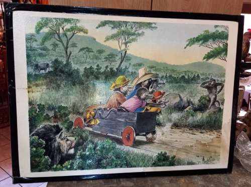 SA Cartoon Artist T.O. Honiball "Game Drive" colour print 1984 Alex White&Co on hard board laminated