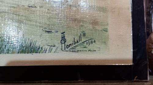 SA Cartoon Artist T.O. Honiball "Game Drive" colour print 1984 Alex White&Co on hard board laminated