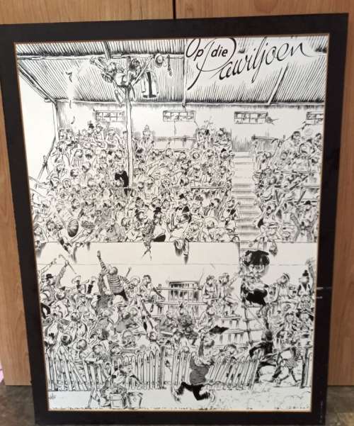 SA Cartoon Artist T.O. Honiball "Op die Paviljoen" black and white print on hard board