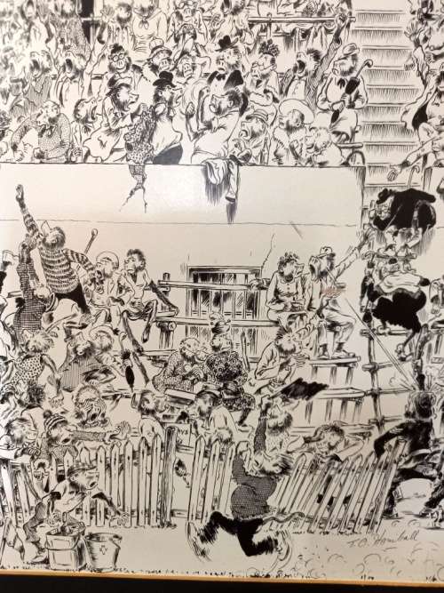 SA Cartoon Artist T.O. Honiball "Op die Paviljoen" black and white print on hard board