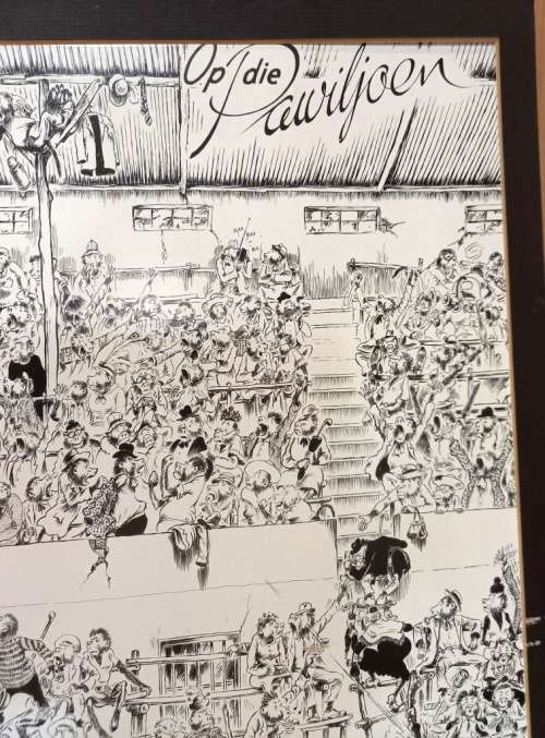 SA Cartoon Artist T.O. Honiball "Op die Paviljoen" black and white print on hard board