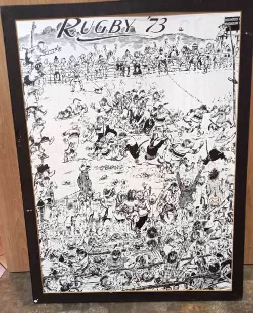 SA Cartoon Artist T.O. Honiball "Rugby 1973" black and white print on hard board