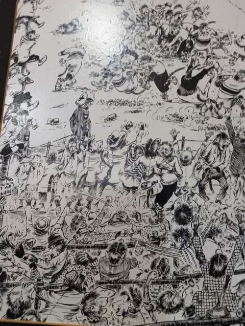 SA Cartoon Artist T.O. Honiball "Rugby 1973" black and white print on hard board
