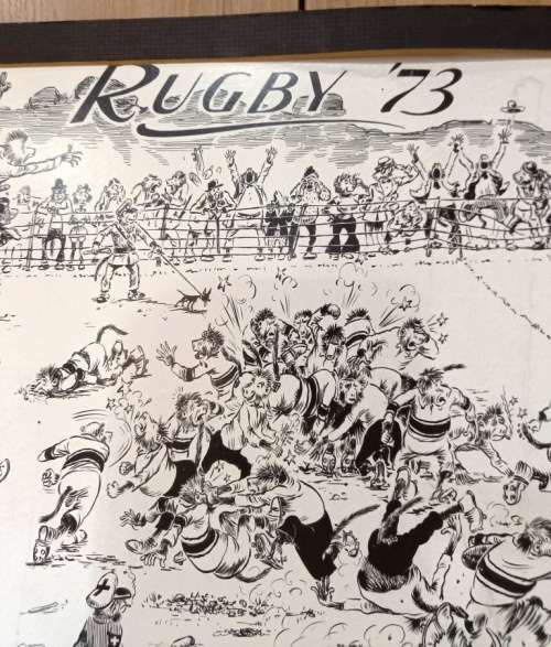 SA Cartoon Artist T.O. Honiball "Rugby 1973" black and white print on hard board