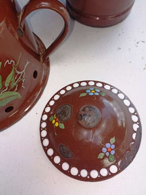 Big 3 piece Antique brown Enamel Coffee Confoor with lots of charachter-no holes