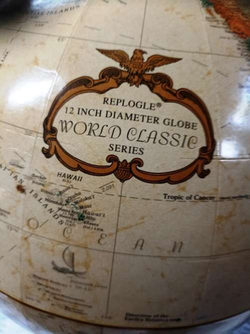 Vintage  Repogle 12 inch (30 cm) Diameter World Classic Series Globe on metal stand-very good cond.