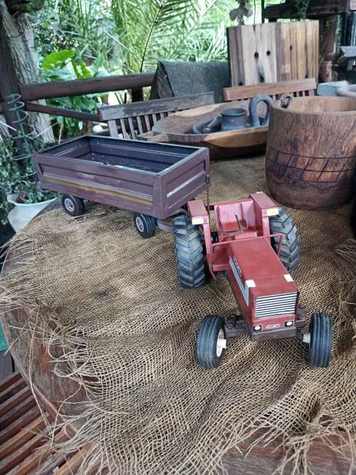 Vintage Red `Strike` Metal Fiat Tractor and Wagon