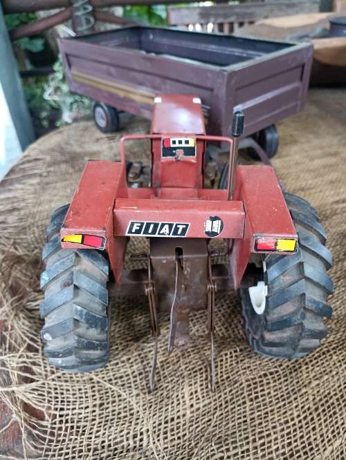Vintage Red `Strike` Metal Fiat Tractor and Wagon