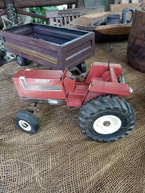 Vintage Red `Strike` Metal Fiat Tractor and Wagon