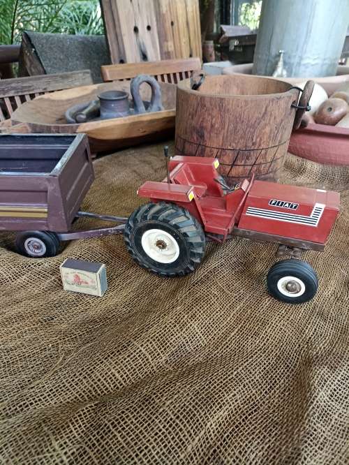 Vintage Red `Strike` Metal Fiat Tractor and Wagon