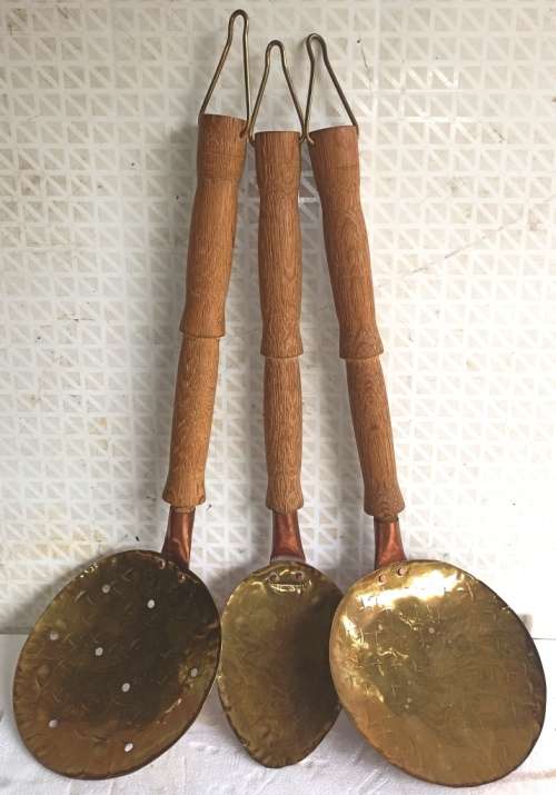 Beautifull three piece wood, yellow and red copper ornamental spoon set for  display-L 45 cm
