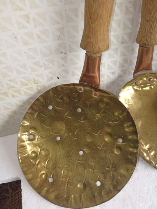 Beautifull three piece wood, yellow and red copper ornamental spoon set for  display-L 45 cm
