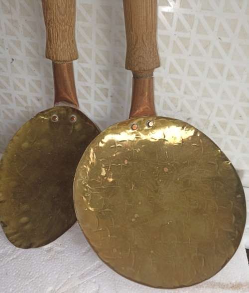 Beautifull three piece wood, yellow and red copper ornamental spoon set for  display-L 45 cm