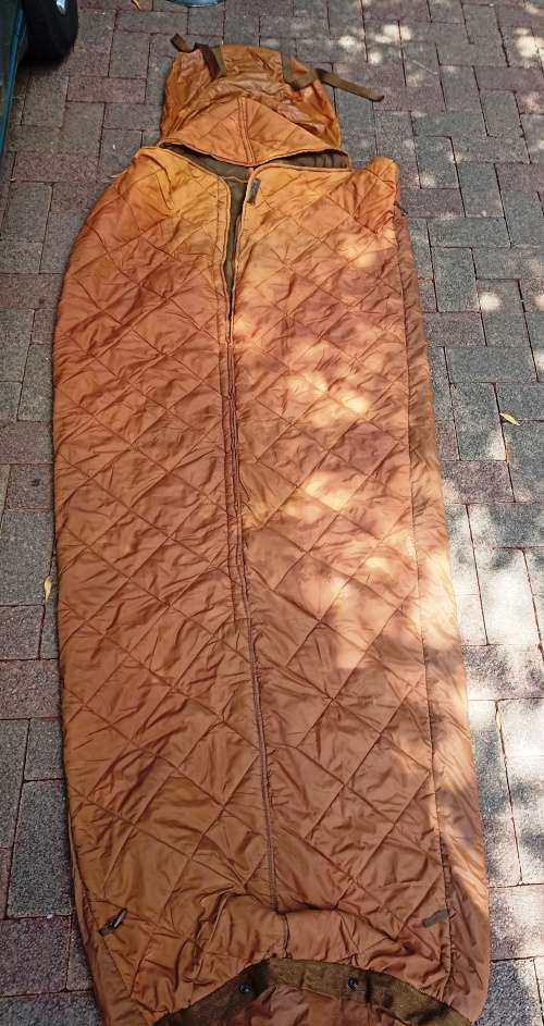 Big Old SADF military sleeping bag in good condition with head cover and carry bag