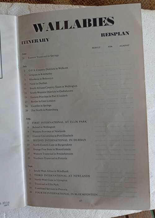 SA Rugby Year Book-Wallabies Tour 1969 Souvenir Programme and a Test Ticket Bloemfontein-50 Pages