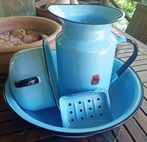 Good quality  5 Piece vintage Baby Blue Enamel set-Basin, Pitcher, Spittoon and soap dish