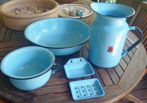 Good quality  5 Piece vintage Baby Blue Enamel set-Basin, Pitcher, Spittoon and soap dish
