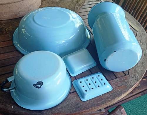 Good quality  5 Piece vintage Baby Blue Enamel set-Basin, Pitcher, Spittoon and soap dish