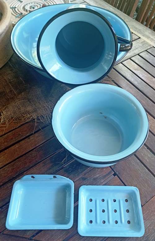 Good quality  5 Piece vintage Baby Blue Enamel set-Basin, Pitcher, Spittoon and soap dish