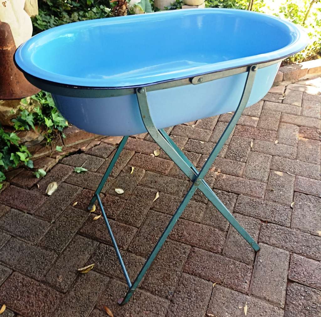 Big vintage Baby Blue colour good quality Enamel Bath with metal folding stand