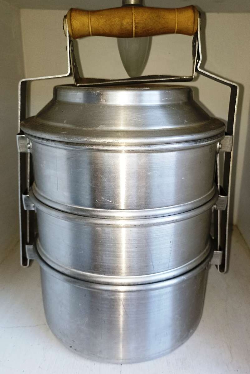 Vintage Inter locking Three Tier Aluminum Food Carrier-Good condition-H 30 cm, Dia 20 cm