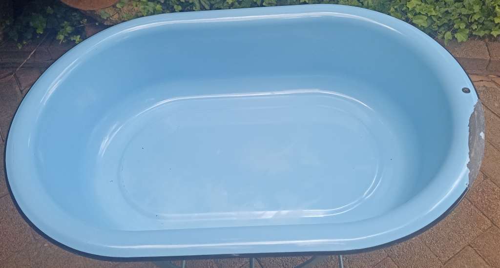 Big vintage Baby Blue colour good quality Enamel Bath with metal folding stand