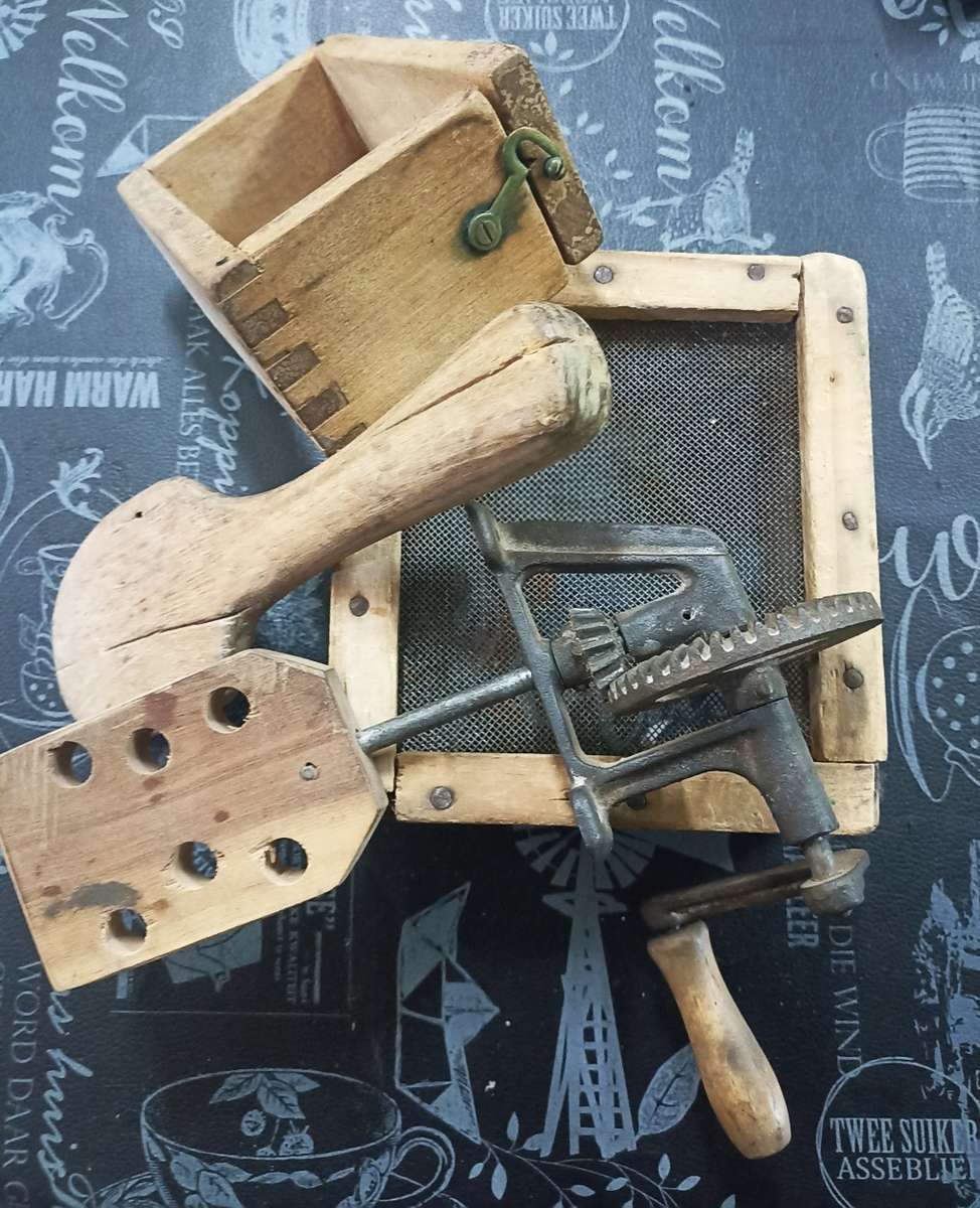 Nice Vintage collection butter making tools-mould, paddle, sifter and churn