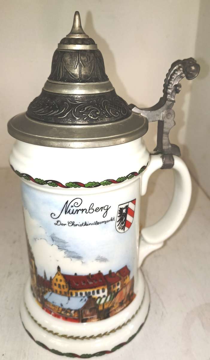 Vintage Bavaria German Ceramic Beer mug `hinged lid-`Nurenberg` H 23 cm , BD 11 cm.
